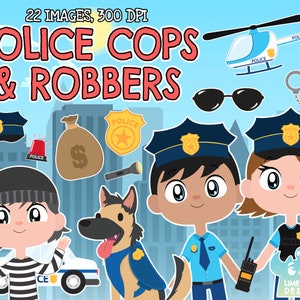 Police Cops and Robbers Clipart, Black and White, Digital Stamps, Policeman, Police car, Helicopter, Baton, Handcuffs, Money bag Siren light