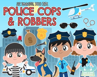 Police Cops and Robbers Clipart, Instant Download, Policeman, Police car, Helicopter, Baton, Handcuffs, Money bag, Siren light, Police dog