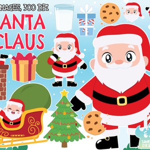 Santa Claus Clipart, Black and White, Digital Stamps, Commercial Clip Art, Christmas Tree, Holly, Mistletoe, Santa's sleigh Father Christmas