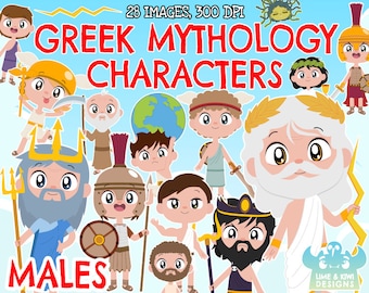 Greek Mythology Characters - Males clipart, Black and White, Digital Stamps, Immortal Clipart, Greek God, Mythical, Zeus, Hades Poseidon