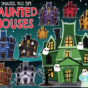 Haunted Halloween Houses Clipart, Haunted Mansion, Ghosts, Halloween Silhouettes, Red Eyes, Wooden Plank, Dead Tree, Halloween Monsters