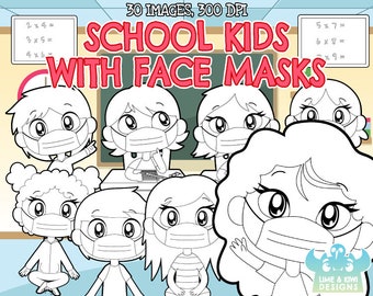 Niños de la escuela con máscaras faciales Sellos digitales, Arte de descarga instantánea, Clip Art de uso comercial, Niño, Niña, Niño, Niños, Educación
