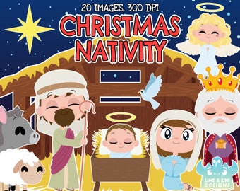 Christmas Nativity Clipart, Black and White, Digital Stamps, Commercial Use Clip Art, Xmas, Bible, Christian, Jesus, Religious, God, Xmas