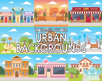Urban Backgrounds Clipart, Instant Download Vector Art, Commercial Use Clip Art, Museum, Park, Playground, School, Library, City, Town, Shop