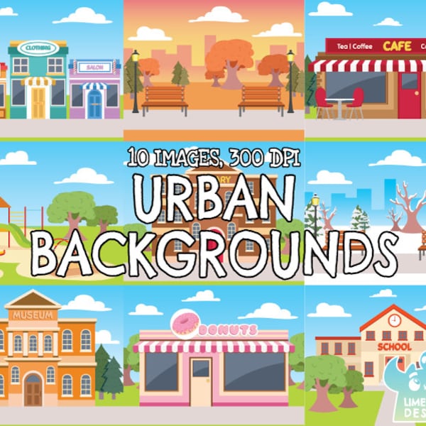 Urban Backgrounds Clipart, Black and White, Digital Stamps, Commercial Clip Art, Museum, Park, Playground, School, Library, City, Town, Shop
