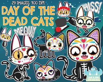 Sugar Skulls Day of the Dead Cats Clipart, Black and White, Digital Stamps, Día de Muertos, Mexican, Mexico, Rose, Skull, Hibiscus Flower