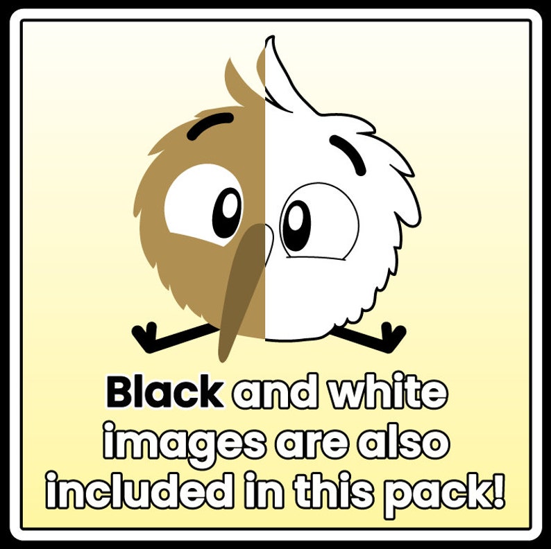 K&ouml;nnte beinhalten: Ein Cartoon-Kiwi-Vogel mit braunen und wei&szlig;en Federn. Der Vogel ist in der Mitte geteilt, eine Seite braun und die andere wei&szlig;. Der Text "Black and white images are also included in this pack!" befindet sich unter dem Vogel.