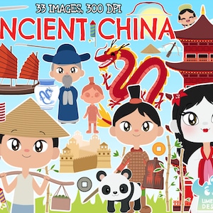 Puede incluir: Un conjunto de 33 ilustraciones digitales con personajes de dibujos animados y objetos relacionados con la antigua China. Las ilustraciones incluyen un dragón rojo, una pagoda, un barco rojo, un panda, un hombre con una túnica azul, una mujer con un vestido rojo, un bosque de bambú y la Gran Muralla China.