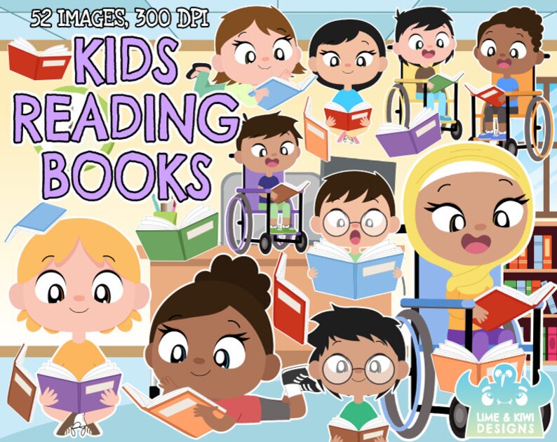 K&ouml;nnte beinhalten: Ein Set mit 52 digitalen Illustrationen von Kindern, die B&uuml;cher lesen. Die Illustrationen zeigen verschiedene Kinder unterschiedlicher Ethnien und Geschlechter, einige im Rollstuhl, alle lesen B&uuml;cher. Die Illustrationen sind im Cartoon-Stil gehalten und eignen sich perfekt f&uuml;r den Einsatz in Lehrmaterialien oder Kinderb&uuml;chern.