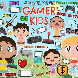 Gamer Kids Clipart, Black and White, Digital Stamps, Video game, Game console, Game controller, Pixel art, Pixel heart, Pixel coin, Pixel