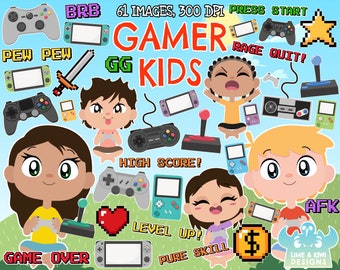 Gamer Kids Clipart, Black and White, Digital Stamps, Video game, Game console, Game controller, Pixel art, Pixel heart, Pixel coin, Pixel