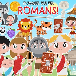 Ancient Rome Clipart, Black and White, Digital Stamps, Commercial Use Clip Art, Emperor, Colosseum, Gladiator, Lion, Tiger, Wolf, Romans