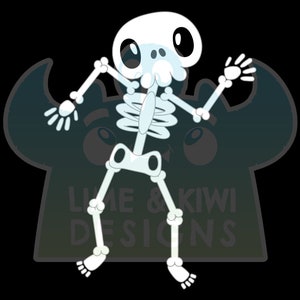 May include: A cartoon skeleton with a white skull and black eyes is dancing. The skeleton is wearing a white shirt and black pants. The background is a dark green and black gradient with the text "Lime & Kiwi Designs".
