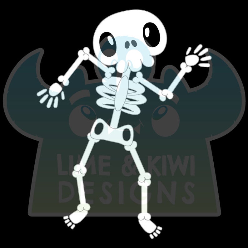 May include: A cartoon skeleton with a white skull and black eyes is dancing. The skeleton is wearing a white shirt and black pants. The background is a dark green and black gradient with the text "Lime & Kiwi Designs".