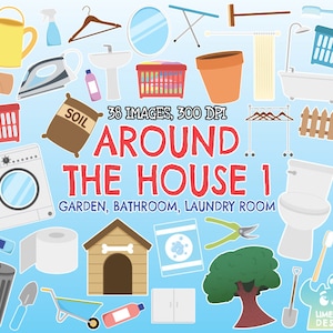 Around the House 1 - Garden, Bathroom, Black and White, Digital Stamps, Laundry Room Clipart, Instant Download Art, Toilet, Washing machine