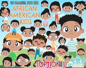 African American Kids (Option 1) Clipart, Black and White, Digital Stamps, Commercial Use Clip Art, Boy, Girl, Children Kids of the World