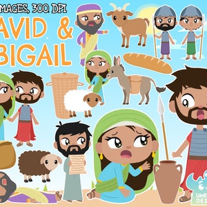 David and Abigail Clipart, Black and White, Digital Stamps, Bible, Biblical, God, Nebal, Donkey, Basket, Bread, Grain, Pot, Servant Soldiers