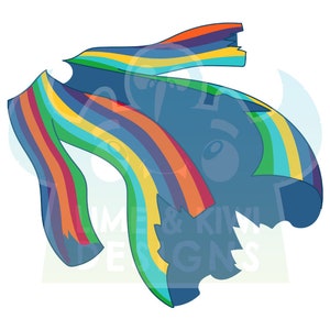 May include: A torn, blue and rainbow-colored fabric with a frayed edge. The fabric is folded and twisted, creating a dynamic and abstract design.