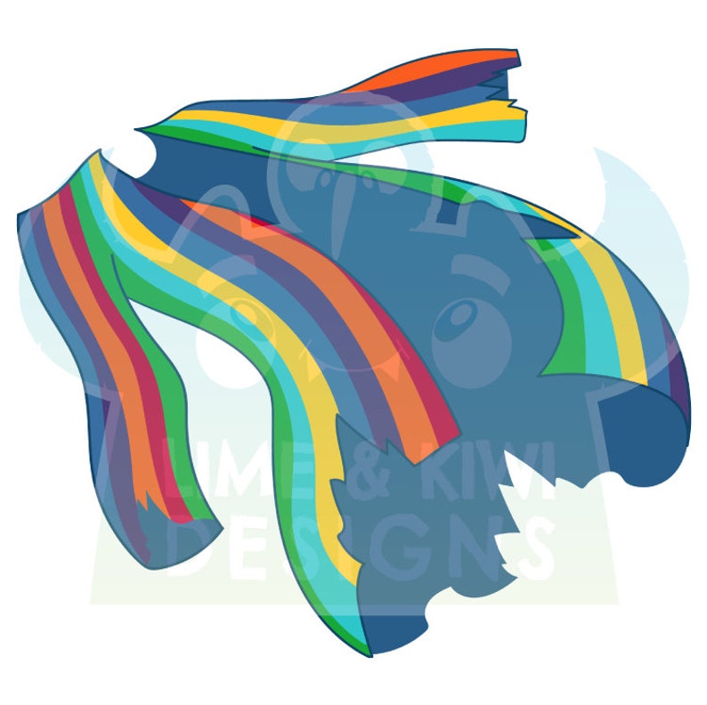 May include: A torn, blue and rainbow-colored fabric with a frayed edge. The fabric is folded and twisted, creating a dynamic and abstract design.