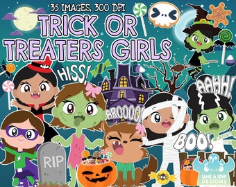 Halloween Trick Or Treaters Girls Clipart, Instant Download Art, Commercial Use, Sweets, Trick or Treat, Vampire, Zombie, Costume
