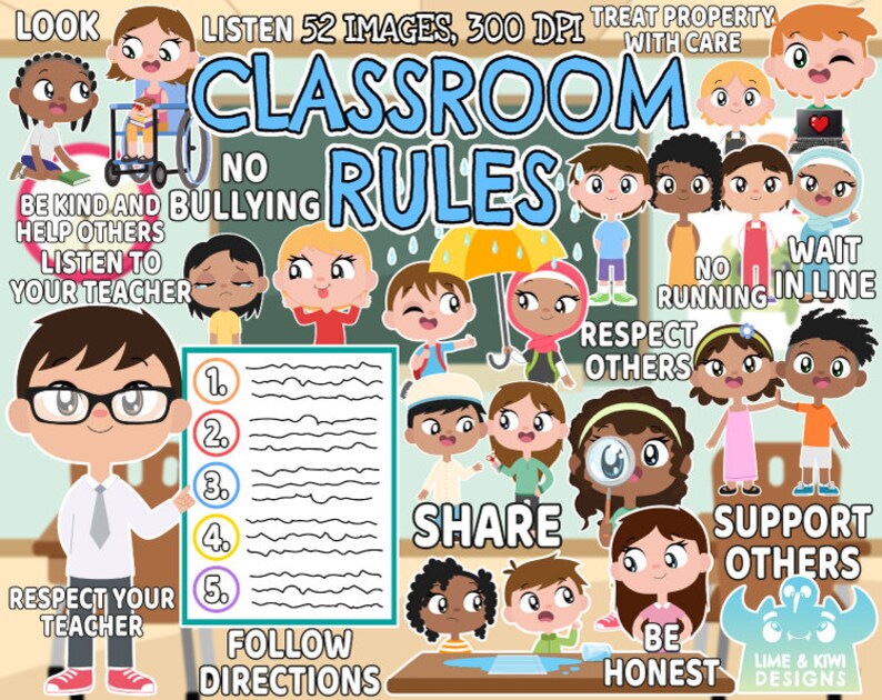 K&ouml;nnte beinhalten: Klassenzimmer-Regeln-Poster mit einem Cartoon-Lehrer und Sch&uuml;lern. Das Poster hat einen blauen Hintergrund mit wei&szlig;em Text und eine Liste von Regeln, darunter: Sei freundlich und hilf anderen, H&ouml;re auf deinen Lehrer, Keine Mobbing, Respektiere andere, Warte in der Schlange, Kein Rennen, Teile, Unterst&uuml;tze andere, Folge den Anweisungen, Sei ehrlich und Behandle Eigentum mit Sorgfalt.
