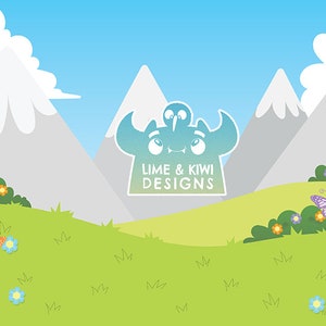Puede incluir: Una ilustraci&oacute;n de dibujos animados de una lima y un kiwi con el texto "Lime & Kiwi Designs" en un cuadro blanco. La ilustraci&oacute;n se coloca sobre un fondo de hierba verde, cielo azul y monta&ntilde;as blancas.