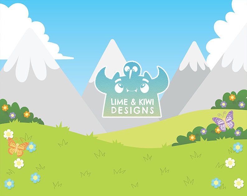Puede incluir: Una ilustraci&oacute;n de dibujos animados de una lima y un kiwi con el texto "Lime & Kiwi Designs" en un cuadro blanco. La ilustraci&oacute;n se coloca sobre un fondo de hierba verde, cielo azul y monta&ntilde;as blancas.