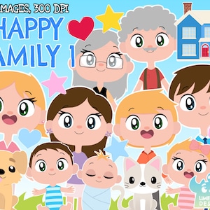 Happy Family 1 Clipart, Black and White, Digital Stamps, Commercial Clip Art, Home, Family time, Mom, Dad, Sister, Brother, Grandma, Grandpa