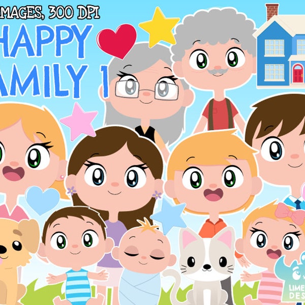 Happy Family 1 Clipart, Instant Download Art, Commercial Use Clip Art, Home, Family time, Mom, Dad, Sister, Brother, Grandma, Grandpa
