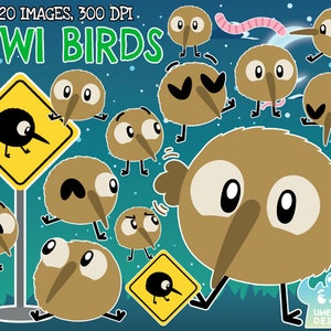 Kiwi's vogels clipart, zwart-wit, digitale postzegels, commerciële illustraties, Nieuw-Zeeland, NZ, Aotearoa, Down Under Native Bird NZ Bird Kiwiana