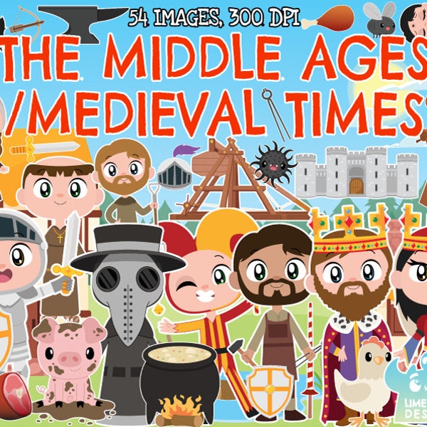 The Middle Ages/Medieval Clipart, Instant Download, Castle, King, Queen, Knight, Jester, Black Death, Plague, Church, Monk, Blacksmith, Rat