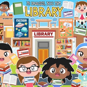 Library Clipart, Black and White, Digital Stamps, Public library, Liberian, Computer desk, Learning kids, Reading kids, Bookmark, Poster