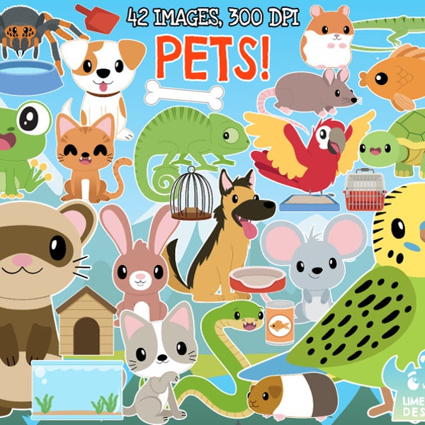 Pets clipart, Black and White, Digital Stamps, Cat, Dog, Fish, Lizard, Ferret, Bird, Budgie, Rat, Mouse, Chameleon, Tortoise, Guinea pig