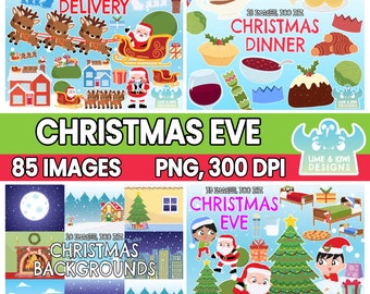 Christmas Eve Clipart Bundle 1, Christmas Backgrounds, Santa Claus, Christmas Present, Christmas Tree, Sleigh, Reindeer, Milk and Cookies