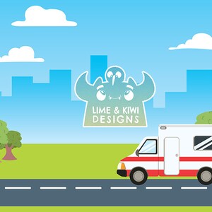 May include: A white ambulance with red stripes and a red cross on the side drives down a road in a cartoon city landscape. The sky is blue with white clouds. A cartoon monster with a lime and kiwi design is in the background.