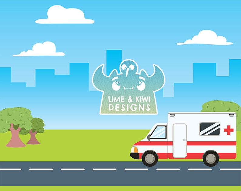 May include: A white ambulance with red stripes and a red cross on the side drives down a road in a cartoon city landscape. The sky is blue with white clouds. A cartoon monster with a lime and kiwi design is in the background.