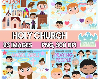 Holy Church Clipart Bundle 1, God, Religious, Bible, Gold chalice, Angel boys, Angel girls, Praying people, Prayer, Priest, Heaven, Star