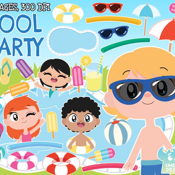 Pool Party Clipart, Instant Download, Summer, Swimming, Toys, Noodle, Drink, Umbrella, Flip flop, Ice lolly, Ice block, Summer fun, Shades