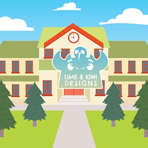 May include: A cartoon illustration of a school building with a lime green roof and yellow walls. There are two trees in front of the building and a sign that says "Lime & Kiwi Designs".