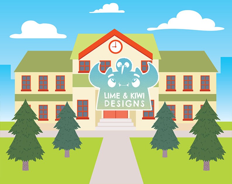 May include: A cartoon illustration of a school building with a lime green roof and yellow walls. There are two trees in front of the building and a sign that says "Lime & Kiwi Designs".