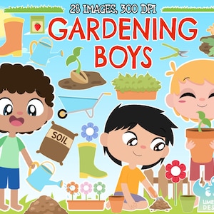 Gardening Boys Clipart, Black and White, Digital Stamps, Garden, Flowers, Grass, Rake, Wheelbarrow, Seeds, Boots, Plants, Soil, Pot plant