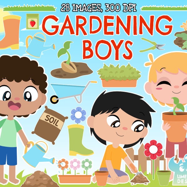 Gardening Boys Clipart, Instant Download, Garden, Flowers, Grass, Rake, Wheelbarrow, Seeds, Boots, Plants, Soil, Pot plant, Spade, Fence