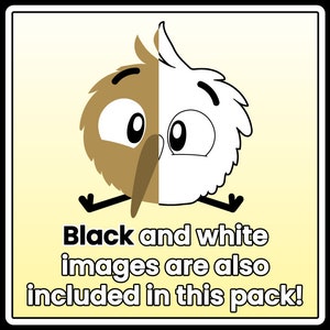 May include: A cartoon kiwi bird with brown and white feathers. The bird is split in half, with one side brown and the other white. The text "Black and white images are also included in this pack!" is below the bird.