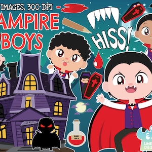 Vampire Boys Clipart, Black and White, Digital Stamps, Halloween, Vampire Bat, Haunted House, Gravestone, Vampire Bat, Coffin, Fangs, Blood