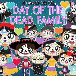 Tag der Toten Familie Clipart, Schwarz-Weiß, Digitale Stempel, kommerzielle Nutzung, Día de Muertos, Sugar Skulls, Mexikanisch, Mexiko, Rose, Totenkopf