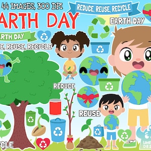 Earth Day clipart, Instant Download Art, Recycling, Reduce, Reuse, Recycle, Tree. Plant, Seed, Sapling, Sprout, Dirt, Planet, Heart