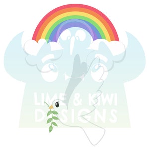 K&ouml;nnte beinhalten: Eine wei&szlig;e Taube mit einem Olivenzweig im Schnabel fliegt vor einer blauen Wolke mit einem Regenbogen dar&uuml;ber. Der Text "LIME & KIWI DESIGNS" ist in Wei&szlig; auf der Wolke geschrieben.