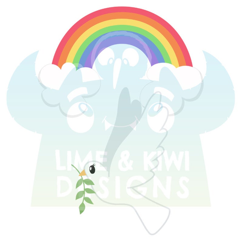 K&ouml;nnte beinhalten: Eine wei&szlig;e Taube mit einem Olivenzweig im Schnabel fliegt vor einer blauen Wolke mit einem Regenbogen dar&uuml;ber. Der Text "LIME & KIWI DESIGNS" ist in Wei&szlig; auf der Wolke geschrieben.