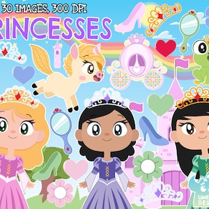Princesses Clipart, Black and White, Digital Stamps, Fairytale, Fantasy, Dress, Pink, Castle, Frog, Tower, Carriage, Mirror, Crown, Tiara