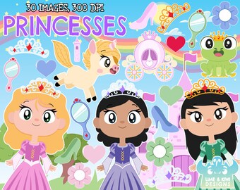Princesses Clipart, Black and White, Digital Stamps, Fairytale, Fantasy, Dress, Pink, Castle, Frog, Tower, Carriage, Mirror, Crown, Tiara